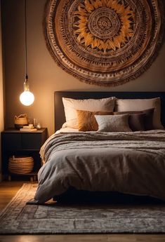 a bedroom with a large sun medallion hanging above the bed and pillows on the floor