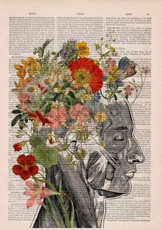 a drawing of a person with flowers in their head on an old book page,