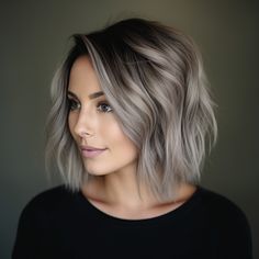 Dark Roots Cool Blonde Hair Balayage, Ashy Fall Hair Colors, Ash Colour Hair, Hair Color To Blend Gray, Cool Gray Hair Color, Short Balayage Hair With Curtain Bangs, Colours For Grey Hair, Ash Brown Hair Bob, Greyish Hair Ash Blonde