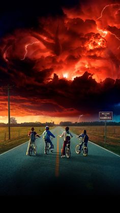 three people riding bikes on a road under a red sky with lightning in the background