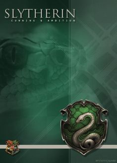 the slytherin emblem is displayed on a green background with an image of a snake