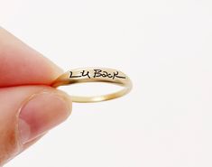 "MINI HANDWRITING RING This ring is personalized with the actual handwriting you provide us. It is good for Christmas, Anniversary, Birthday, etc. -------- ITEM DETAILS -------- 1.M A T E R I A L S  GOLD-FILLED (hypoallergenic)   -14K Gold fill is a pressure-bonded layer of gold that has 100 times more gold than plated jewelry. It is durable, won't chip or flake, is tarnish-resistant, and a great alternative to \"karat\" gold that is reasonably priced. Looks great and if taken care of should las Fingerprint Artwork, Handwriting Ring, Signature Ring, Mini Ring, Engraved Handwriting, Signature Rings, Traditional Ink, Name Ring, Name Rings