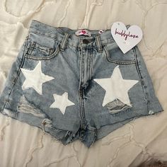 Never Worn Star Denim Shorts From Buddy Love! So Cute I Love It But I Don’t Know If I’ll Find A Place To Wear It Trendy Star Print Jean Shorts For Spring, Trendy Summer Jean Shorts With Star Print, Trendy Jean Shorts With Star Print For Summer, Trendy Jean Shorts With Star Print For Spring, Medium Wash Cotton Bottoms With Star Print, High Waist Jean Shorts With Star Print For Summer, Summer Denim Shorts With Star Print, Trendy Cotton Jean Shorts With Star Print, Spring Star Print Jean Shorts