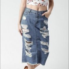 Forever 21 Distressed Midi Denim Skirt Trendy Distressed Denim Skirt, Spring High Waist Ripped Skirt, Trendy Distressed Mid-rise Denim Skirt, Trendy Mid-rise Distressed Denim Skirt, Ripped Dark Wash Denim Skirt For Spring, Spring Denim Skirt Distressed, Spring Distressed Denim Skirt, Spring Light Wash Distressed Denim Skirt, Summer Ripped Dark Wash Skirt