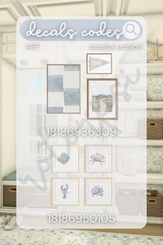 an image of a room with pictures and other items on the wall, including drawers