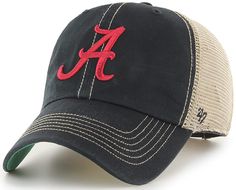 a black and tan hat with the letter a in red embroidery on it's front