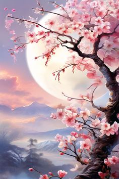 a painting of a tree with pink flowers in the foreground and a full moon in the background