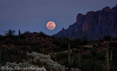 the full moon is setting in the sky over mountains and cactus trees with saguados