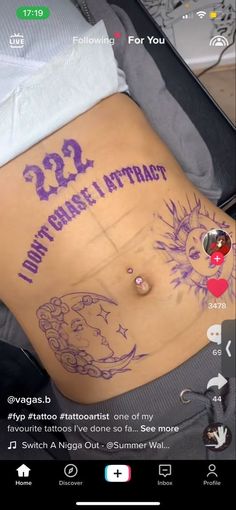 a woman's stomach with purple ink on it and the words 22 year old