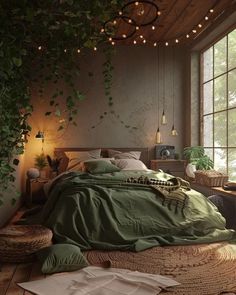 a bedroom with plants growing on the wall and bed in the corner, along with wicker baskets