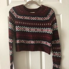 Trendy Cropped Abercrombie & Fitch Sweater. Looks Great With Leggings. Cozy And Has No Holes Or Damage. Nwot Casual Red Fair Isle Pattern Tops, Cozy Red Fitted Tops, Cozy Fitted Red Tops, Sweater Looks, Cropped Sweater, Abercrombie Fitch, Looks Great, Red White, Scoop Neck