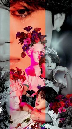 the collage shows two women with flowers in their hair and one woman's face