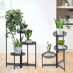 three tiered plant stands with plants in them