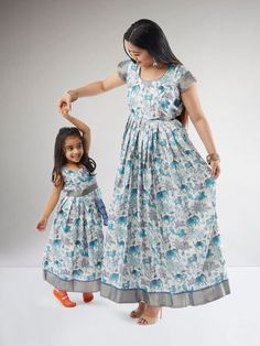 White and Blue Kalankari Print | Mother Daughter Dress Matching Mom Daughter Matching Dresses Indian, Mom And Daughter Dresses Indian, Mom Daughter Dress, Dresses For Mothers, Matching Mommy Daughter Outfits, Charming Outfits, Mommy Daughter Dresses, Mom Daughter Matching Dresses, Moms And Daughters