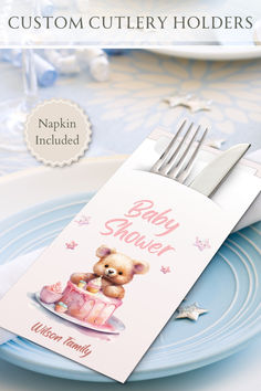 Personalized Cutlery Holders for Baby Shower Party with Napkins | Silverset Party Decor Ideas, Baby Shower Table, Cutlery Holder, Personalized Baby Shower, Baby Shower Party, Girl Baby Shower, Custom Baby, Shower Party, Baby Shower Parties