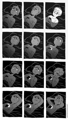 an animation storyboard with multiple images of people in the dark and one is looking at something