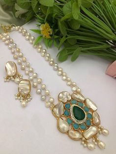 A Gift for someone most adorable for you. Earrings made of brass. Material : brass,pearl,stone. Earrings : 1 Pair. Necklace : 1 Pair Necklace, Jewelry Pakistani, Antique Jewellery Designs, Pearl Necklace Designs, Beaded Necklace Designs, Necklace Indian, Pearl Stone, Indian Necklace, Pakistani Jewelry