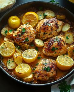 chicken with lemons and potatoes in a skillet