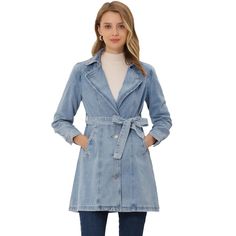 Add some elegance to your ensemble courtesy of this jacket that boasts a denim design and a long, flowing fit. It's cut with structured denim that has front pockets, a notched collar, and a belt at the waist. A wardrobe staple to see you through the season, it is an effortless look for any ensemble. Wear them on those tricky in-between-season days and pair them with straight-leg jeans and ankle boots. Chic Denim Blue Button-up Outerwear, Chic Dark Wash Button-up Outerwear, Single Breasted Denim Jacket With Lapel Collar For Fall, Lapel Collar Single Breasted Denim Jacket For Fall, Single-breasted Denim Jacket With Lapel Collar For Fall, Spring Long Sleeve Denim Jacket For Workwear, Spring Workwear Long Sleeve Denim Jacket, Winter Medium Wash Single Breasted Outerwear, Spring Denim Jacket With Lapel Collar And Button Closure