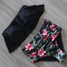 Bandeau Ruffled Print High Rise Triangle Bikinis Black Tropical Print Tankini For Summer, Black Tropical Print Summer Tankini, Black Tropical Print Swimwear For Swimming, Black Tropical Swimwear With Floral Print, Black Summer Tankini With Tropical Print, Black Printed Tankini, Black Printed Tropical Swimwear, Black Tropical Printed Swimwear, Black Tropical Printed Tankini