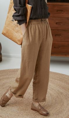 Beige Relaxed Fit Harem Pants For Fall, Brown High-waisted Harem Pants With Pockets, Fall Season Beige Non-stretch Harem Pants, Brown Baggy Harem Pants, Brown Relaxed Fit Harem Pants, Brown Relaxed Fit Straight Leg Harem Pants, Non-stretch Tapered Leg Brown Pants, Non-stretch Brown Pants With Side Pockets, Non-stretch Linen Pants For Fall