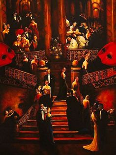 an oil painting of people in formal dress on stairs