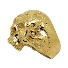 Heavy 14k Yellow Solid Gold. 22-25 grams of 14K gold. 17-19 Grams of 10K gold. Solid 14K Gold Skull Ring with unique design. When you wear it, it will completely dominate your finger and is a solid presence on your hand. The skull jewelry are at the top of the heap when it comes to loyalty and fighting prowess. This unique gold skull ring is totally handmade by Uniqable Jewelrs. Available in rose, yellow or white gold-Polished Finish Vintage Gold Engraved Skull Ring, Gold Skull Ring Collectible, Gold Skull Shaped Collectible Ring, Gold Skull Jewelry For Collectors, Gold Skull Jewelry Collectible, Gold Skull Collectible Jewelry, Gold Engraved Skull Ring For Anniversary, Unique Yellow Gold Signet Ring Collectible, Unique Yellow Gold Signet Ring For Collectors