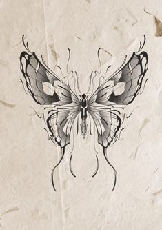 a drawing of a butterfly sitting on top of a piece of paper with black ink