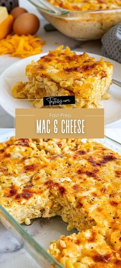 macaroni and cheese casserole on a white plate with the title text overlay