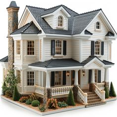 a model house with black shutters and white trim on the front porch, steps leading up to the second floor