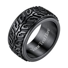 PRICES MAY VARY. Material: Made of stainless steel,black plated,non-deformable, and hypoallergenic. High polished on the surface, smooth and comfortable to wear. Engravable Creative car racer tire tread design,nice ring for men, women,and bikers.High polish smooth innerface,spin smoothly, perfect as a stress relief ring! Dimensions: 10mm(0.39 inch) Wide; Size from 7-12; Weight: about 11.4g Occasion: Suits for daily and perfect as a stress relief tool,brings you both personality and comfort. Gift Spinner Rings For Men, Wrench Ring, Band Rings For Men, Motorcycle Wedding, Rich Style, Black Pouch, Creative Car, Tire Tread, Car Racer