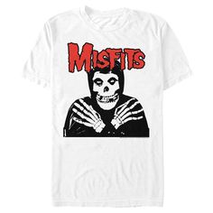 Celebrate the legendary horror-punk band and pop culture icons, The Original Misfits with officially licensed apparel featuring the classic "Fiend Skull" and more! This Men's Misfits Fiend Skull Red Logo Graphic T-Shirt features the Misfits mascot, the Fiend Skull, in black and white with crossed arms, along with the logo in red above. Rock out to the genre-defining Misfits in ultimate style with these fun new tees for everyone! Band Merch T-shirt For Fan Merchandise, Halloween Band Logo T-shirt For Streetwear, Halloween Streetwear T-shirt With Band Logo, Halloween Band Logo T-shirt Crew Neck, Halloween Crew Neck Tops With Band Logo, Halloween Band Logo T-shirt For Fans, Halloween Band Merch Tops With Band Logo, Halloween Band Merch Top With Band Logo, Band Logo Merch Tops For Halloween