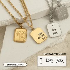 "Our Engraved Birth Flower Necklace can be engraved with initials, words, or short messages for the perfect gift for your loved ones! Materials & Finish: * High Quality 316L Stainless Steel * 18k Gold, Silver We use a THICK PLATING for a piece that will be in your jewelry box for years to come! Size Specs: * Square Birth Flower Pendant Dimentions : 16mm x 13mm x 2mm * Necklace comes with 2\" extender so you can FINE TUNE the fit. We can remove or adjust the length of the extender. Please make a Numbers Words, Flower Necklace Gold, Birth Flower Necklace, Silver Flower Necklace, Simple Gift Wrapping, Short Messages, Jewelry Christmas, Personalized Gifts For Her, Custom Name Necklace