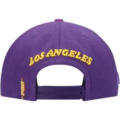 Show off your Los Angeles Lakers fandom with this Wordmark Logo hat by Pro Standard. It features bold embroidery of the team's wordmark and logo on the front with raised details on the right side and back. This cap also includes a snap closure to ensure a comfy fit as you rep your Los Angeles Lakers. Brand: Pro Standard Embroidered graphics with raised detail Flat bill High Crown Imported Leather top button Material: 70% Acrylic/30% Wool  Hat; 100% Leather  Top Button Officially licensed One siz College Snapback Hat With Embroidered Logo And Curved Bill, Curved Brim Snapback Hat With Embroidered Logo For College, Throwback Baseball Cap With Embroidered Logo For Game Day, College Snapback Baseball Cap With Embroidered Logo, Throwback Adjustable Baseball Cap With Embroidered Logo, Adjustable Throwback Baseball Cap With Embroidered Logo, College Fitted Hat With Embroidered Logo And Curved Brim, Curved Brim College Fitted Hat With Embroidered Logo, Curved Brim Fitted Hat With Embroidered Logo For College