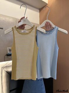 Olivia Mark - Chic Striped Colorblock Knit Vest with Round Neckline by Yu Shang Blue Knit Color Block Tops, Patchwork Shorts, Princess Sleeves, Cotton Crop Top, Knit Vest, Terry Cloth, Round Neckline, Workout Clothes, Knit Top