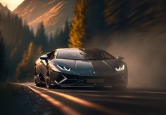 a black sports car driving down a road next to trees and mountains in the background