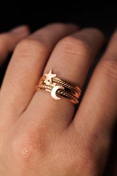 Dive into the celestial charm of our Moon Ring! The lunar-inspired design features a dainty moon on a simple, textured band - providing an adorable accent to any stack. The band measures approximately 1mm in width and features a lightly hammered finish. The moon detail measures approximately 6mm in width. This listing is for ONE SINGLE Moon Ring in 14K GOLD FILL metal. This ring is a great alternative to a stacking ring and is a perfect ring to mix and match with your favorite stacking rings. Every piece is organic and unique — no two Hannah Naomi pieces are exactly alike.Hand-crafted to order in our Portland, OR studio. Moon Ring, Stacking Ring, Perfect Ring, Stacking Rings, The Moon, Portland, Design Features, Gold Filled, Hand Crafted