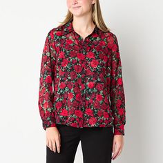 Perfect for workwear and evening outfits, this by&by women's and junior's long-sleeve button-down shirt is a must-have for your wardrobe. It's made from a smooth woven fabric and has a regular-fit, a point collar, and cuffed sleeves. Pait it with tailored trousers, skirts, or jeans. Closure Type: ButtonFit: Regular FitNeckline: Collar NeckSleeve Length: Long SleeveApparel Length: 27 InchesFiber Content: 100% PolyesterFabric Description: WovenLining Material: PolyesterCollar: Point CollarCare: Ma Large Shirts, Button Front Shirt, Shirt Color, Women Long Sleeve, Button Downs, Shirts Tops, Button Down Shirt, Product Description, Collar