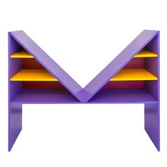 a purple shelf with yellow and orange shelves on it's sides, against a white background