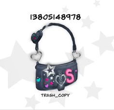 a black purse with stars on it and the words, trash coy written in pink