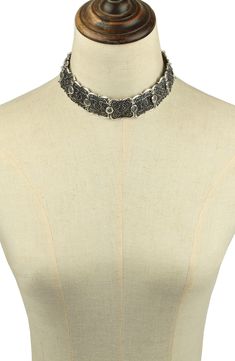 Ornate filigree shapes a dramatic choker necklace for vintage-inspired style. 8" length + 2" extender Adjustable clasp Metal alloy, glass crystal Imported Ornate Metal Choker Necklace, Silver Choker With Intricate Design, Eye Candy, Choker Necklace, Vintage Inspired, Statement Necklace, Nordstrom, Crystals, Silver