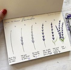 a hand is holding a piece of paper with different flowers on it and the words how to paint lavender written in cursive writing