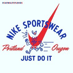 the logo for mike sportswear just do it on a white shirt with red and blue lettering