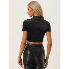 Looking for a stylish and fashionable crop top for your next party or club occasion? Check out the Allegra K Cut Out Top for Women's! Made from soft velvet fabric, this hot top features a glittery sparkle design and short sleeves with a mock neck cut out front. Its cropped length and slim fit make it perfect for pairing with tight trousers or short skirts for a chic and hot look. Add this top to your wardrobe to add a touch of fashion and glamour to any outfit! Trendy Short Sleeve Crop Top For Parties, Disco Crop Top For Party, Disco Style Tops For Night Out In Fall, Fall Disco Night Out Tops, Trendy Short Sleeve Crop Top For Club, Disco Style Top For Club And Party Season, Disco Style Club Top For Party Season, Cropped Tops For Club And Party Season, Glamorous Top For Club And Party Season