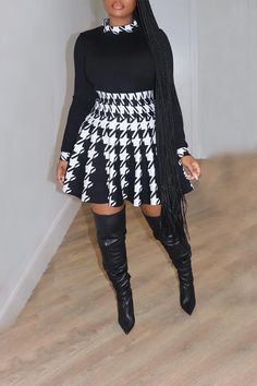 Trendy Houndstooth Print Bodice Pleated Skirt Set Long Sleeve Knit Top, Houndstooth Skirt, Classy Casual Outfits, Classy Casual, Mode Inspo, Long Sleeve Knit Tops, Trendy Style, Fall Fashion Outfits, Fashion Wear