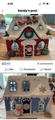 two pictures of a small house with snowmen and christmas decorations on the roof, one is