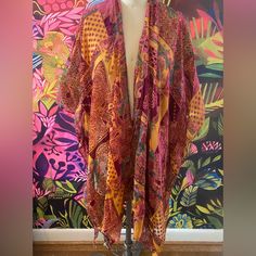 Gorgeous Piece With Beautiful Fall Colors. Nwt Never Worn! Red Bohemian Outerwear For Vacation, Red Fall Outerwear For Vacation, Bohemian Red Outerwear For Vacation, Red Outerwear For Fall Vacation, Red Bohemian Outerwear For Beach, Lightweight Long Red Outerwear For Beach, Red Beach Kimono For Fall, Long Red Beach Outerwear, Red Kimono For Fall