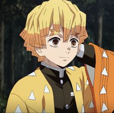 an anime character with blonde hair and blue eyes wearing a yellow outfit in front of trees