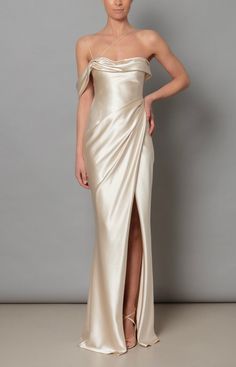 Elise Dress in Champagne | Over The Moon Wedding Gowns Satin Classy, Creme Satin Dress, Silk Long Dress Outfit, Silk Reception Dress, Satin Reception Dress, Pearl Satin Dress, Off White Satin Dress, Satin Gold Dress, Simple Satin Dress