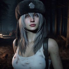 a woman with long hair wearing a hat and white shirt in the woods at night